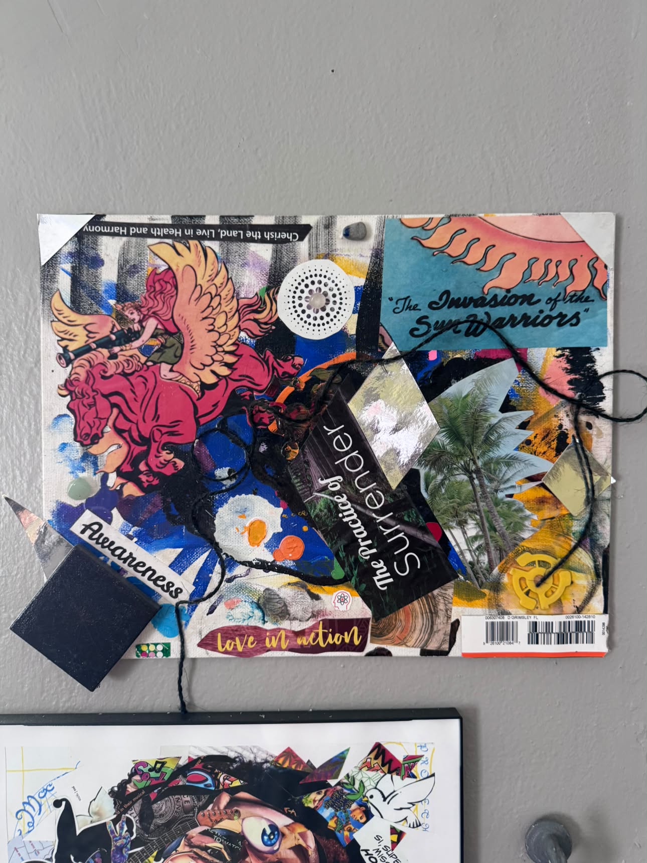 Mixed-media collage on canvas with cut paper and thread